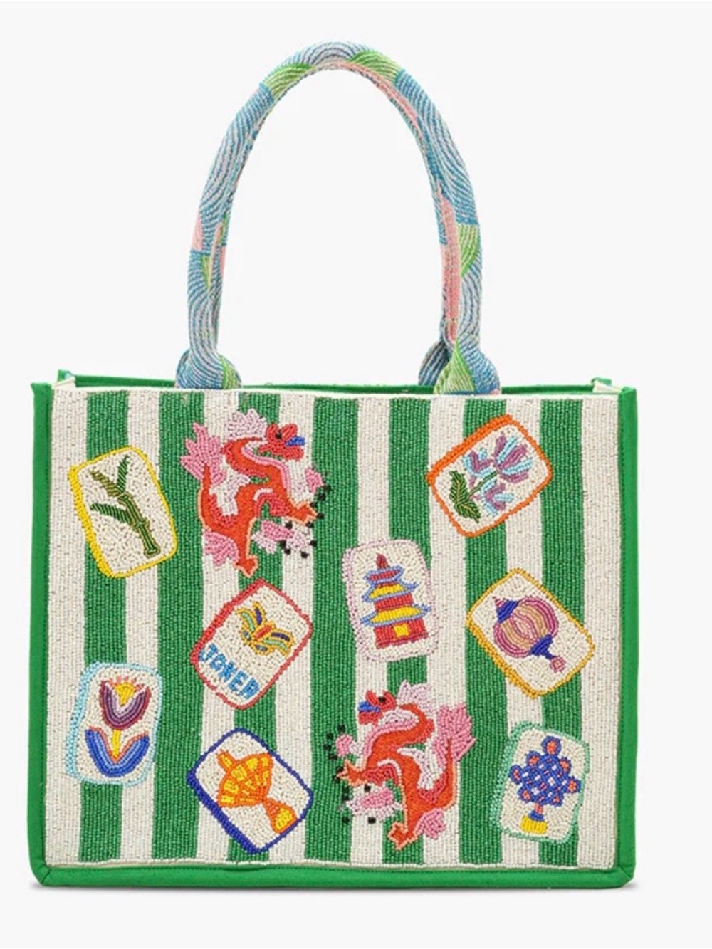 America & Beyond Hand-Beaded Mahjong Muse Green & White Stripe Large Book Tote